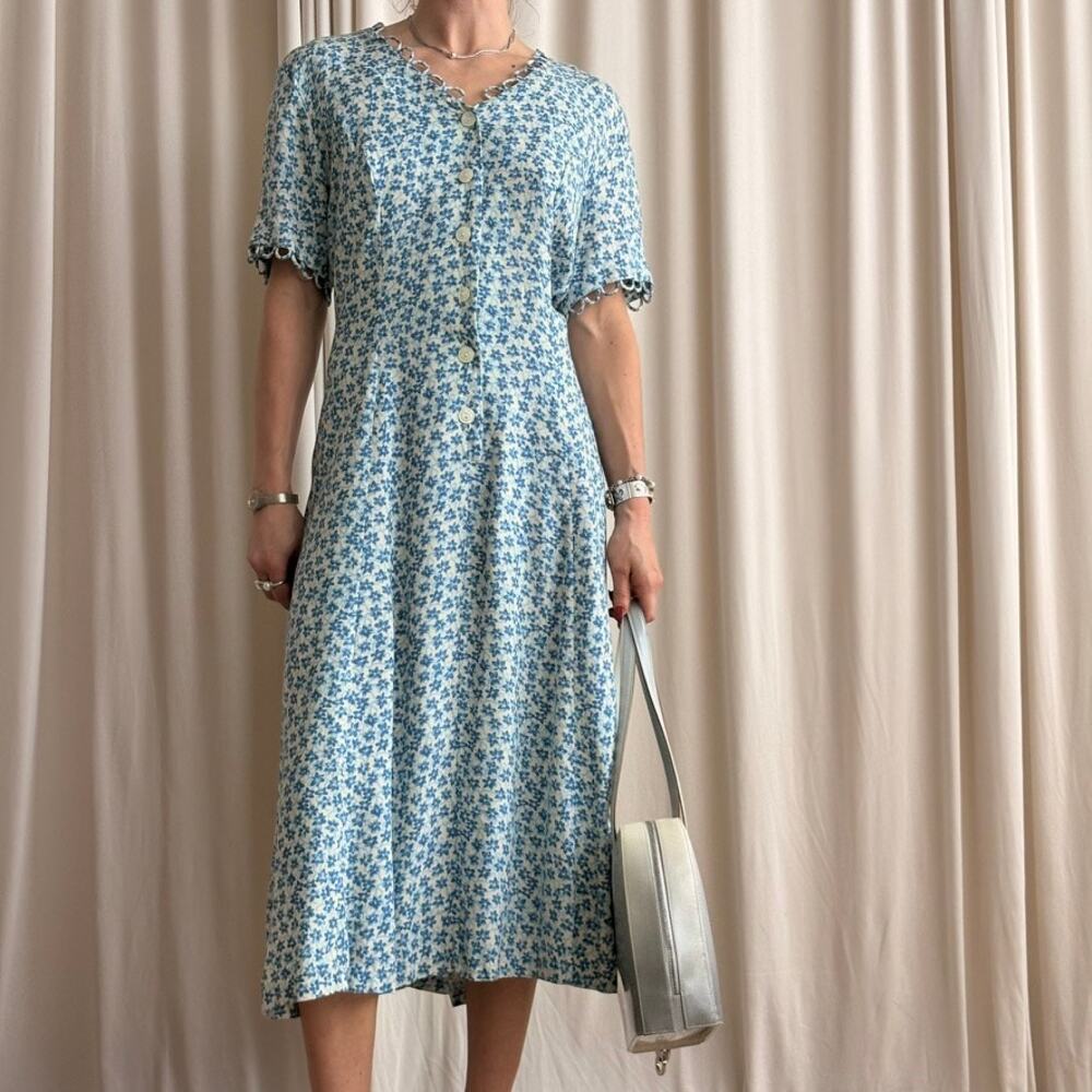 Halmode Petites Blue and White Floral Midi Dress- 90s - Size 10 (Fits M)